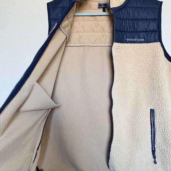 Vineyard Vines Sherpa Fleece Vest Tan Navy XL Cabincore Preppy Cozycore - Picture 4 of 9